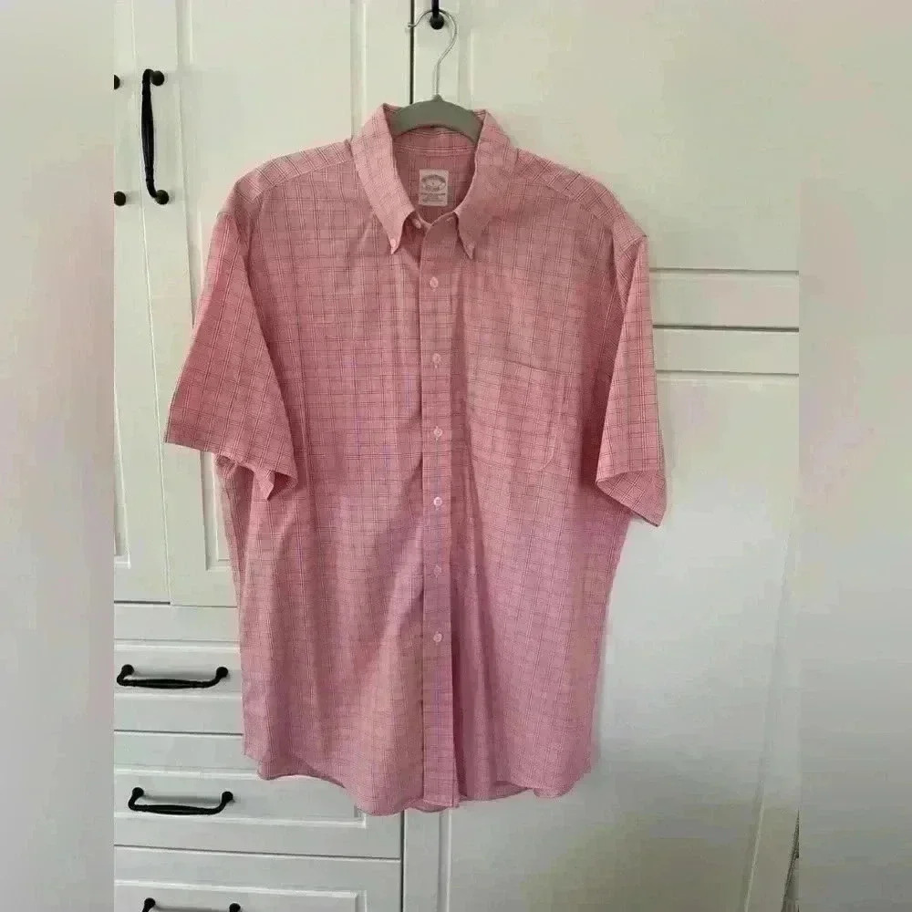 BrooksBrothers polo, button-down collar size, large pink, white, and blue check